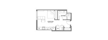 A floor plan of a small apartment with a living room, kitchen, and bathroom.