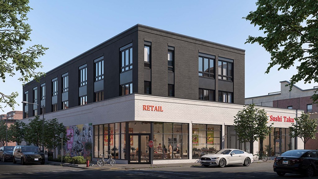 a rendering of a three story building on a city street