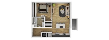A top-down view of a small apartment with a bedroom, living room, and kitchen.