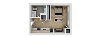 A 3D image of a small apartment with a bed, microwave, and other furniture.