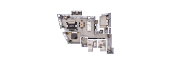 A detailed 3D floor plan of a modern apartment layout.