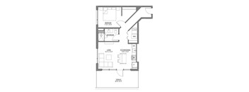 A floor plan of a house with a bedroom, bathroom, living room, kitchen, and terrace.