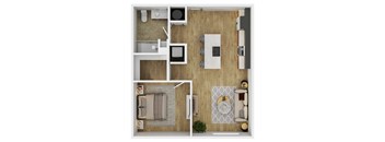 A top-down view of a small apartment with a kitchen, living room, and bathroom.