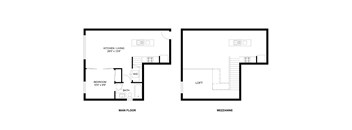 A floor plan of a house with a kitchen, living room, bedroom, bathroom, and loft.