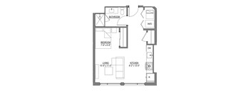 A floor plan of a small apartment with a living room, kitchen, bedroom and bathroom.