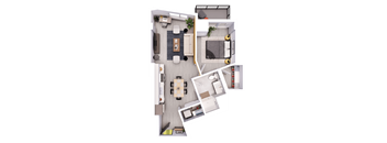 A top-down view of a house layout with a living room, kitchen, dining area, and bedrooms.