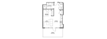 A floor plan of a small apartment with a living room, kitchen, bathroom, and bedroom.