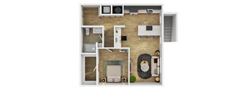 A top-down view of a small apartment with a living room, kitchen, and bathroom.