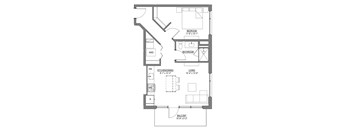 A floor plan of a house with a bedroom, bathroom, kitchen/dining area, living room, and balcony.