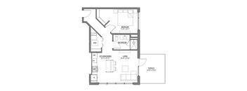 A floor plan of a house with a bedroom, bathroom, kitchen/dining area, and living room.