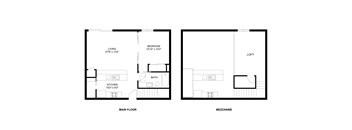 A floor plan of a two-bedroom apartment with a living room, kitchen, bathroom, and loft.