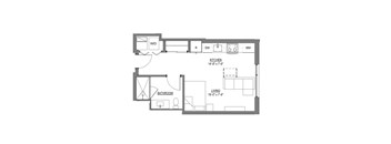 A floor plan of a small apartment with a kitchen, bathroom and living room.
