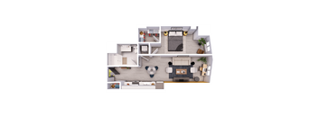 A top-down view of a modern living room with a couch, coffee table, and a television.