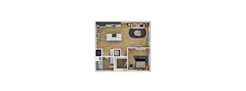 A top down view of a small apartment with a kitchen, living room, and bathroom.