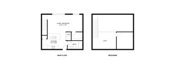 A floor plan of a house with a living room, kitchen, bathroom, and loft.