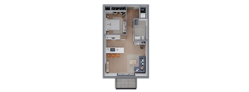 A 3D rendered image of a small apartment layout.