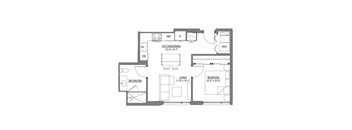 A floor plan of a house with a kitchen, living room, bedroom and bathroom.