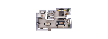 A top-down view of a modern apartment layout with a living room, kitchen, and bedrooms.