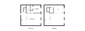 A floor plan of a house with a main floor and mezzanine levels.