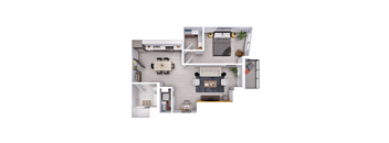 A top-down view of a modern apartment layout with a kitchen, living room, and bedrooms.