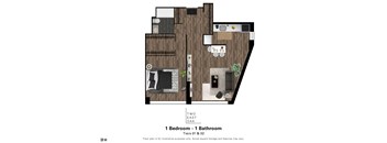 A floor plan of a two-bedroom, one-bathroom apartment at Tiers 01 & 02.