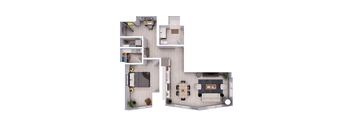 A top-down view of a house layout with a living room, kitchen, and bedrooms.