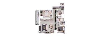A detailed 3D floor plan of a modern apartment layout.