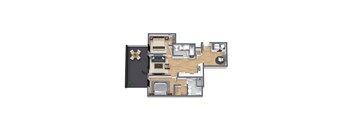 A floor plan of a house with a kitchen, living room, and two bedrooms.