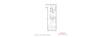 A floor plan of a one bedroom apartment with a bathroom and a living room.