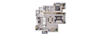 A top-down view of a modern apartment layout with a living room, kitchen, and bedroom.