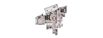 A detailed 3D floor plan of a modern apartment.