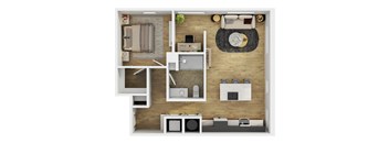 A top-down view of a living room with a couch, coffee table, and television.