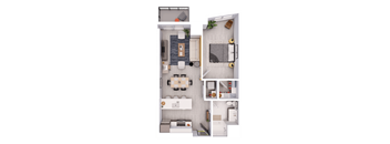 A detailed 3D floor plan of a modern apartment.