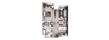 A 3D floor plan of a small apartment with a living room, kitchen, and bedroom.
