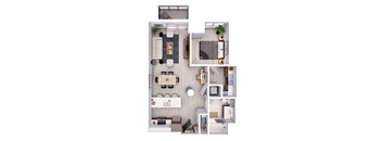 A top-down view of a modern apartment layout with a living room, kitchen, and bedroom.
