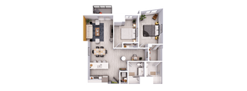 A top-down view of a modern apartment layout with a kitchen, living room, and bathroom.