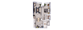 A 3D floor plan of a small apartment with a kitchen, living room, and bedroom.