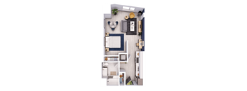 A top-down view of a small apartment with a kitchen, living room, and bathroom.