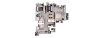 A detailed 3D floor plan of a modern apartment.