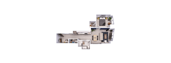 A detailed 3D floor plan of a modern apartment.