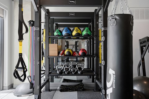 A gym setup with a TRACER branded punching bag.