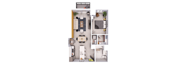 A top-down view of a small apartment layout with a kitchen, living room, and bedroom.