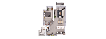 A top-down view of a small apartment layout with a kitchen, living room, and bathroom.