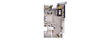 A top-down view of a small, neatly organized apartment with a kitchen, living room, and bathroom.
