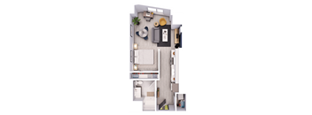 A top-down view of a small apartment layout with a kitchen, living room, and bedroom.