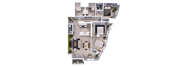 A top-down view of a modern apartment layout with a kitchen, living room, dining area, and bedrooms.