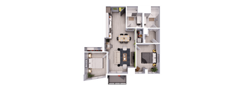 A top-down view of a modern apartment layout with a kitchen, living room, and bedrooms.