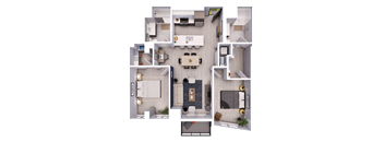 A top-down view of a modern apartment layout with a kitchen, living room, dining area, and bedrooms.