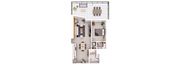 A top-down view of a small apartment with a living room, kitchen, and bedroom.