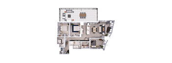 A 3D floor plan of a house with various rooms and furniture.